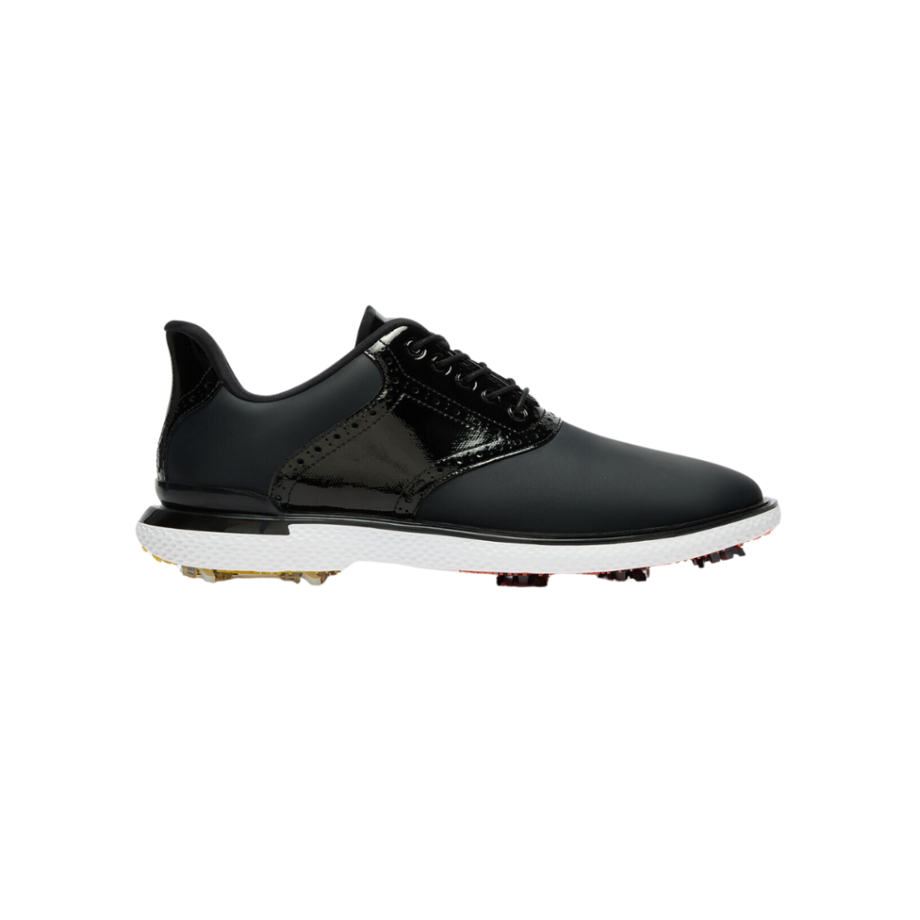 Mens black and white saddle golf shoes top